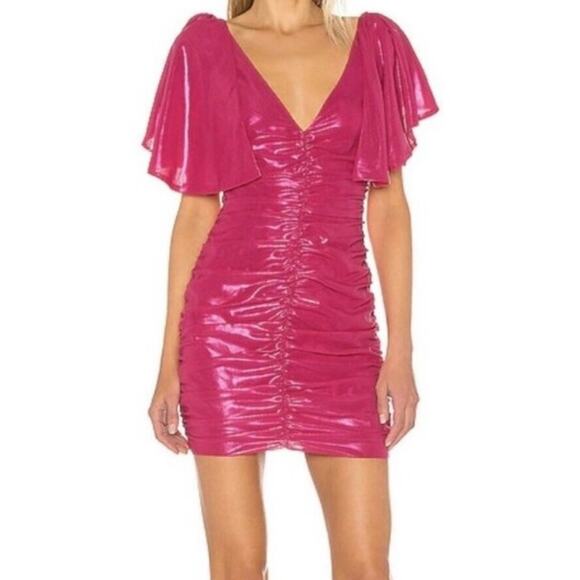SOLD πNWT Lovers + Friends Kana Ruched Metallic Barbiecore Mini Dress Size L - Picture 1 of 16